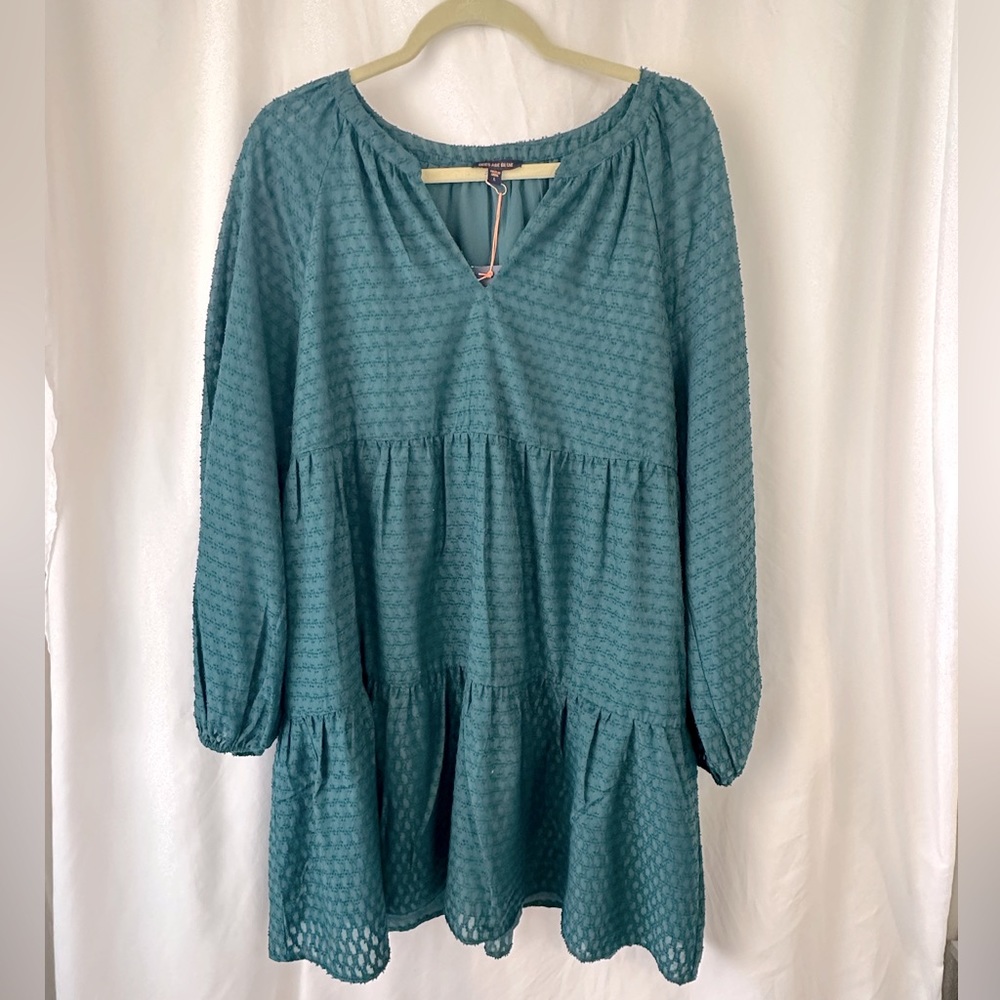 Skies Are Blue Teal Long Sleeve Mini Dress with Pockets- NWT Size Large